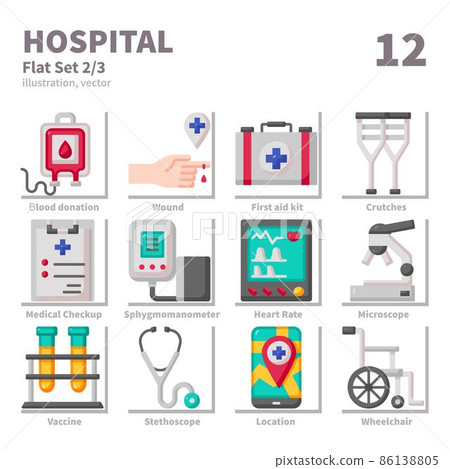 Hospital icons set, Flat, vector and illustration set 2 Hospital icons set, Flat, vector and illustration set 2 86138805