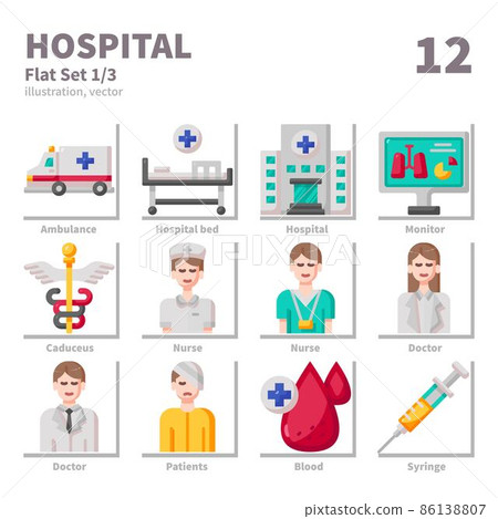 Hospital icons set, Flat, vector and illustration set 1 86138807