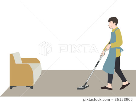 插圖素材：一個穿著圍裙微笑著拖地的男人（用於家務代理、家務分擔等形象） 86138903