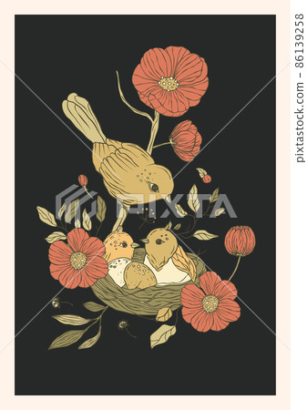 Vintage bird and flowers printable poster 86139258
