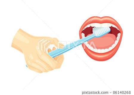 Hand cleaning teeth with toothbrush and toothpaste. Mouth with white teeth. Oral hygiene vector illustration Hand cleaning teeth with toothbrush and toothpaste. Mouth with white teeth. Oral hygiene vector illustration 86140268