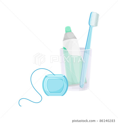 Mouth cleaning tools. Toothpaste, electric toothbrush, dental floss vector illustration 86140283