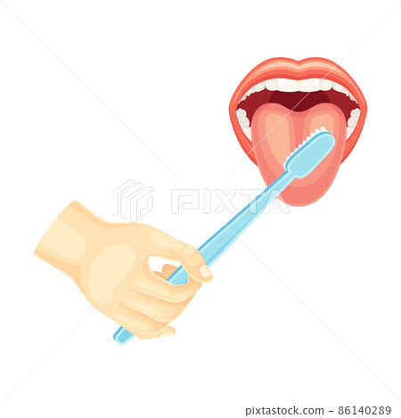 Hand cleaning tongue with toothbrush. Mouth with white teeth. Oral hygiene vector illustration Hand cleaning tongue with toothbrush. Mouth with white teeth. Oral hygiene vector illustration 86140289