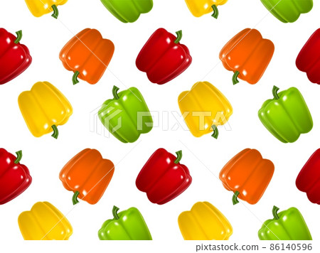 Realistic Detailed 3d Color Bell Peppers Seamless Pattern Background on a White. Vector illustration of Yellow, Orange, Green and Bell Red Pepper 86140596