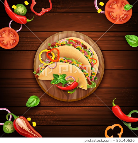 Realistic Detailed 3d Tacos Mexican Food on Round Board with Peppers Wooden Background for Restaurant and Cafe. Vector illustration 86140626