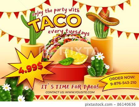 Realistic Detailed 3d Tacos Mexican Food Party Every Thursday Ads Banner Concept Poster Card. Vector illustration of Taco Realistic Detailed 3d Tacos Mexican Food Party Every Thursday Ads Banner Concept Poster Card. Vector illustration of Taco 86140636