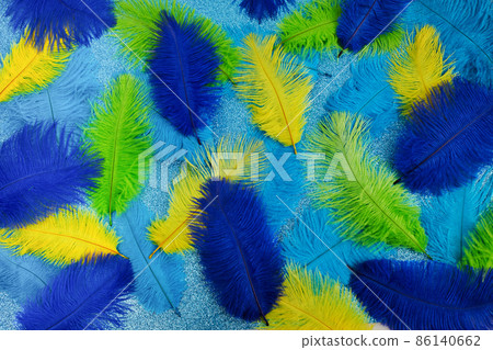 Brazilian background from feathers in the Brazilian ethnic color. Rio carnival, mardi gras background 86140662