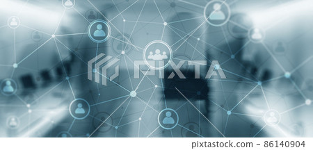 Social media. People relation and organization structure. Business and communication technology concept. Background with silhouettes Social media. People relation and organization structure. Business and communication technology concept. Background with silhouettes 86140904