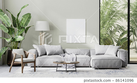 blank canvas mock up in modern living room interior with gray sofa, wooden furniture and palm tropical leaves, 3d rendering 86141096
