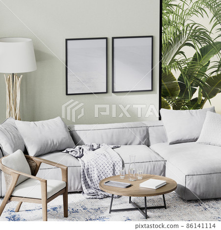 poster frames mock up luxury living room interior with gray sofa with tropical background in window, 3d rendering 86141114