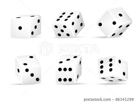 Realistic 3d rolling dice for casino gambling games set of casino craps, poker and tabletop board games Isolated white play dice cubes with black dots or pips in different positions, entertainment 86141299
