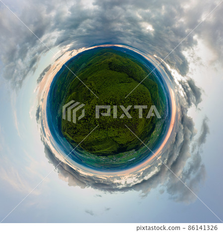 Aerial view from high altitude of little planet earth covered with puffy rainy clouds forming before rainstorm 86141326