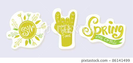 Spring stickers with inscriptions. Spring time. Spring came. Spring stickers with inscriptions. Spring time. Spring came. 86141499