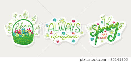 A set of stickers on the theme of spring with inscriptions. Basket of flowers. Spring came. Spring time 86141503
