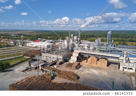 Aerial view of factory with high plant manufacture structure. Global production and manufacturing concept. 86141555