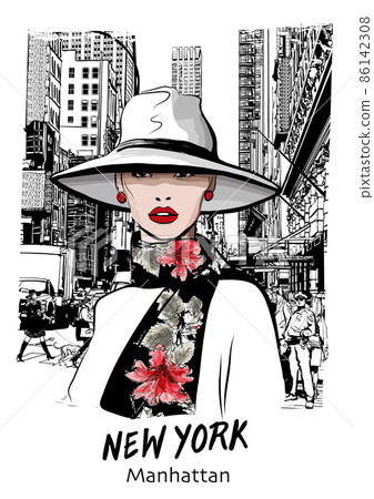 Fashion model at a big crossroads in the center of New York. Cars and pedestrians at an intersection in 5th Avenue. 86142308