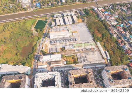 Aerial view of electricity generating, voltage poles. Power lines on utility tower and cable wires in energy electric technology, network, and industry. Generator pylon. Transmission and substation. 86142309