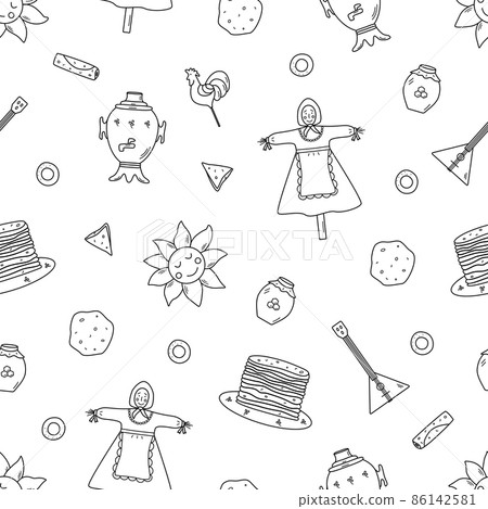 Seamless pattern vector illustration of icons of the traditional Russian holiday Maslenitsa. Endless background of pancake day elements 86142581