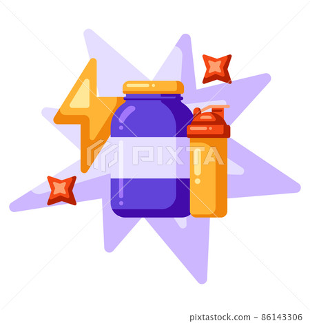 Illustration of protein can and shaker for fitness nutrition. Sport and bodybuilding items. 86143306