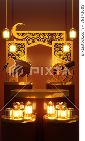 Islamic product display mock up. Podium, crescent moon, lantern, gift box. Ramadan, Islamic New Year. 3D rendering. 86143685
