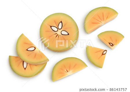 Sapodilla slices isolated on white background with clipping path and full depth of field. Top view. Flat lay 86143757
