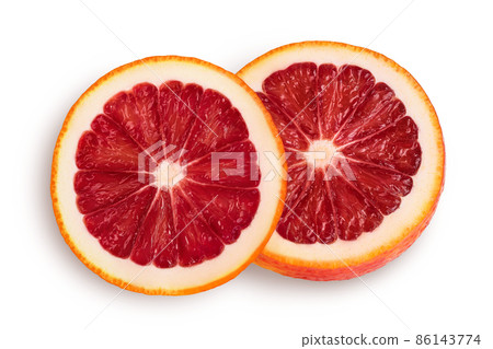 Blood red oranges slices isolated on white background with clipping path. Top view. Flat lay Blood red oranges slices isolated on white background with clipping path. Top view. Flat lay 86143774