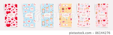 Valentine's day February 14 stories design template set. Story pixel art layouts promo greeting card design for lovers holidays. Vintage Game 8 bit style hearts, cupid, sweets and berries backgrounds  86144276