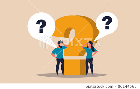 Question problem and answer solution idea with man and woman. Help solve with advice mark vector illustration concept. Support thinking and business discussion. Strategy work character and sign think 86144563