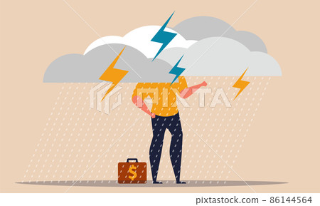 Cloudy disaster and insurance concept with office man thinking and walking. Struggle finance vector illustration. Investment debt and money for overcome thunderstorm. Storm with rain and risk damage 86144564
