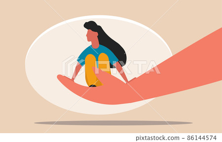 Depression woman and health care with loneliness problems. Psychological therapist treatment vector illustration concept. Hand holding girl with sorrow and mental trouble. People protect stress 86144574