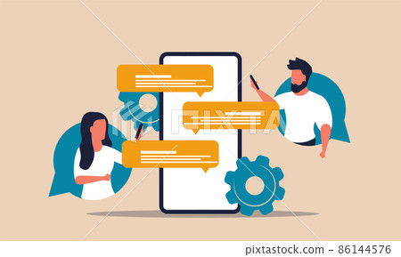 Online comment on phone with man and woman. User talk and message network on chat vector illustration concept. Feedback and support people with smartphone. Human dialog or conversation with connection 86144576