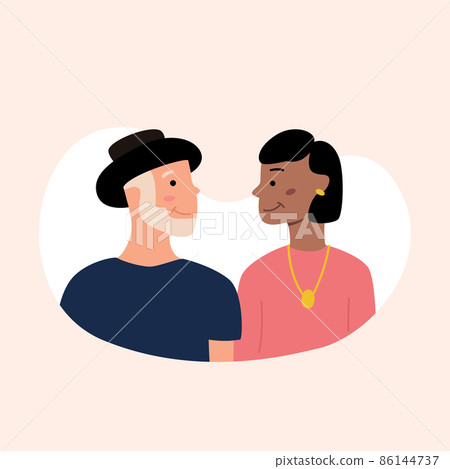 The woman and the man embrace each other with their arms behind their backs and hug The woman and the man embrace each other with their arms behind their backs and hug 86144737