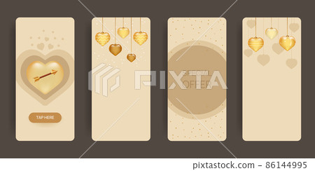 Vertical valentines day banners with golden hearts and arrow inside. Web template design set 86144995