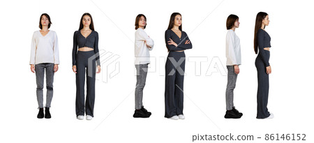 Collage. Full-length portraits of two young beautiful girls posing in casual cloth isolated over white background 86146152