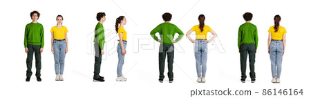 Collage. Full-length portraits of young girl and boy posing in casual cloth, standing in a line isolated over white studio background 86146164