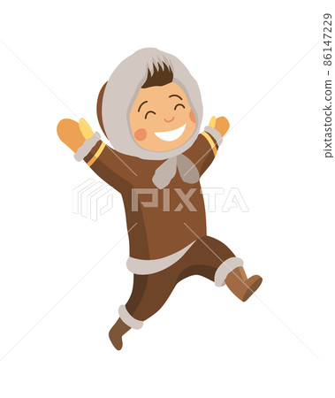 Polar eskimo character. Indigenous children wearing traditional warm clothes. Kid running. Traditional ethnic character Polar eskimo character. Indigenous children wearing traditional warm clothes. Kid running. Traditional ethnic character 86147229