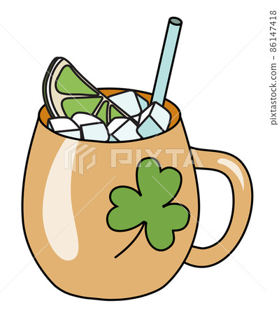 Saint Patricks Day special Irish Moscow mule cocktail with lime in copper mug. Doodle cartoon vector illustration isolated on white background. For greeting card, party poster, invitation or sticker 86147418