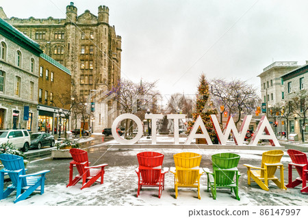 Ottawa in winter christmas tree decoration in city. Urban landscape Canada travel 86147997