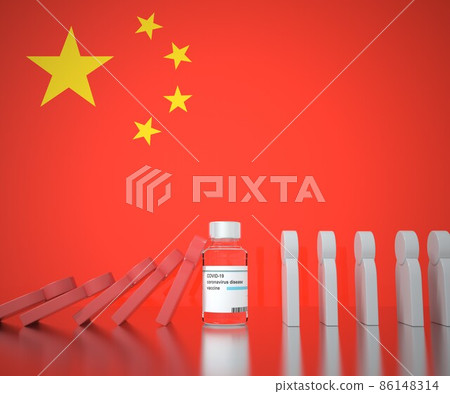 Coronavirus vaccine stops falling of people figures against the flag of China. Conceptual 3D rendering Coronavirus vaccine stops falling of people figures against the flag of China. Conceptual 3D rendering 86148314