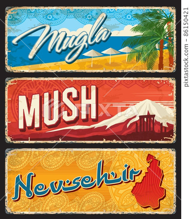 Mugla, Mush and Nevsehir il, Turkey provinces plates or vintage banners. Vector retro grunge boards, aged travel destination signs, postcards, worn touristic Turkish landmarks signboards plaques set Mugla, Mush and Nevsehir il, Turkey provinces plates or vintage banners. Vector retro grunge boards, aged travel destination signs, postcards, worn touristic Turkish landmarks signboards plaques set 86150421