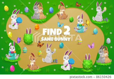 Easter kids game with cartoon bunnies and eggs. Vector education puzzle, memory game or matching riddle template, find two same Easter bunnies with eggs, flowers and butterflies on spring green grass 86150426