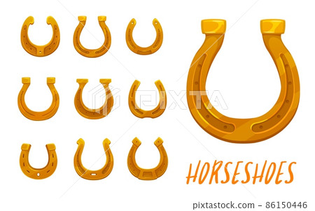 Cartoon golden vector horseshoes. Golden horse shoes, traditional good luck symbol, casino or St. Patricks day, lucky talisman, fortune or ui game asset elements. Isolated on white Cartoon golden vector horseshoes. Golden horse shoes, traditional good luck symbol, casino or St. Patricks day, lucky talisman, fortune or ui game asset elements. Isolated on white 86150446