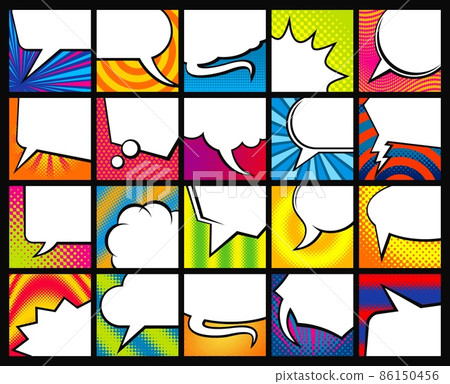 Cartoon speech bubble banners, pop art comics backgrounds, vector. Comics book speech bubbles or cloud balloons for text and dialog in retro halftone frame design, pop art dialog talk template 86150456