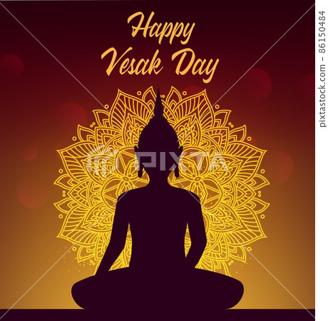 Vesak day holiday, Buddha birth and enlightenment festival. Vector Buddha silhouette in mandala, golden floral ornament or pattern. Vaisakh purnima, Buddha jayanti and bodhi holiday background Vesak day holiday, Buddha birth and enlightenment festival. Vector Buddha silhouette in mandala, golden floral ornament or pattern. Vaisakh purnima, Buddha jayanti and bodhi holiday background 86150484