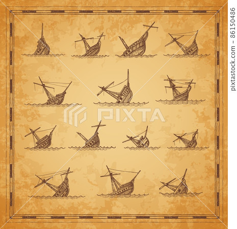 Sunken sailing ships sketches, vintage map elements. Vector engraved wreck sea vessels going on ocean bottom on ancient torn papyrus. Engraving shipwreck on waves retro drawing, old treasure map 86150486