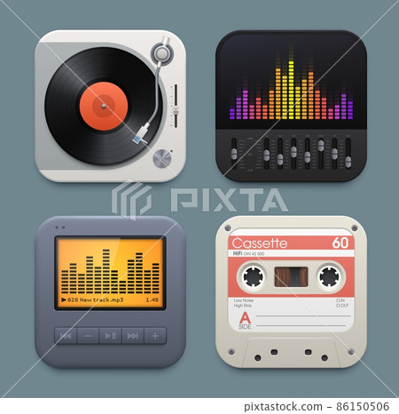 Vinyl, cassette and sound music player equalizer icons. Application interface realistic vector square icons with vinyl discs turntable, tape cassette and mixing console with sliders, equalizer screen 86150506