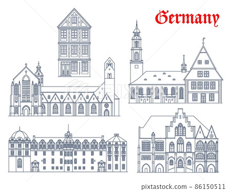 Germany architecture, Celle and Hildesheim landmarks, travel vector sightseeing. Celle Castle, Synagogue and Stadtkirche, Hildesheim rathaus and Hildesheim Cathedral or Hildesheimer Dom in Germany Germany architecture, Celle and Hildesheim landmarks, travel vector sightseeing. Celle Castle, Synagogue and Stadtkirche, Hildesheim rathaus and Hildesheim Cathedral or Hildesheimer Dom in Germany 86150511
