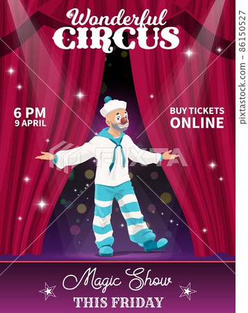 Shapito circus poster. Cartoon sailor clown character vector flyer with jester performing magic show on stage with curtains and spotlights. Artist performer funster in sailor costume on circus stage 86150527