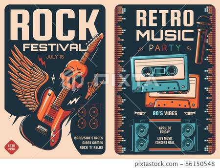 Rock festival and retro music party posters of vector microphone and electric guitar with skull and wing. Old cassette tapes, loudspeakers, equalizer sound waves and lightnings invitation banners 86150548