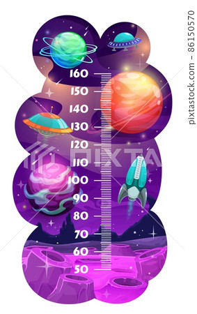Kids height chart. Cartoon space planets, future spaceship or rocket, alien flying saucer. Preschooler child growth measure meter with craters on fantasy planets surface, asteroid flying in outerspace 86150570